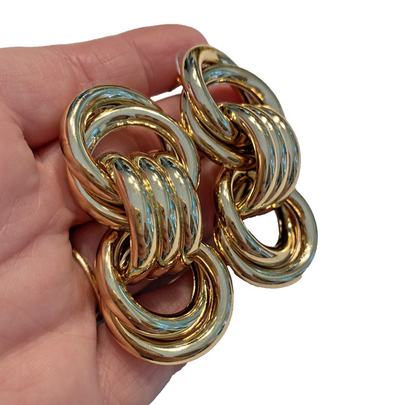 Vintage 1980’s Pierced Earrings Statement Runway Gold Chunky Tubular Chains - Picture 7 of 10